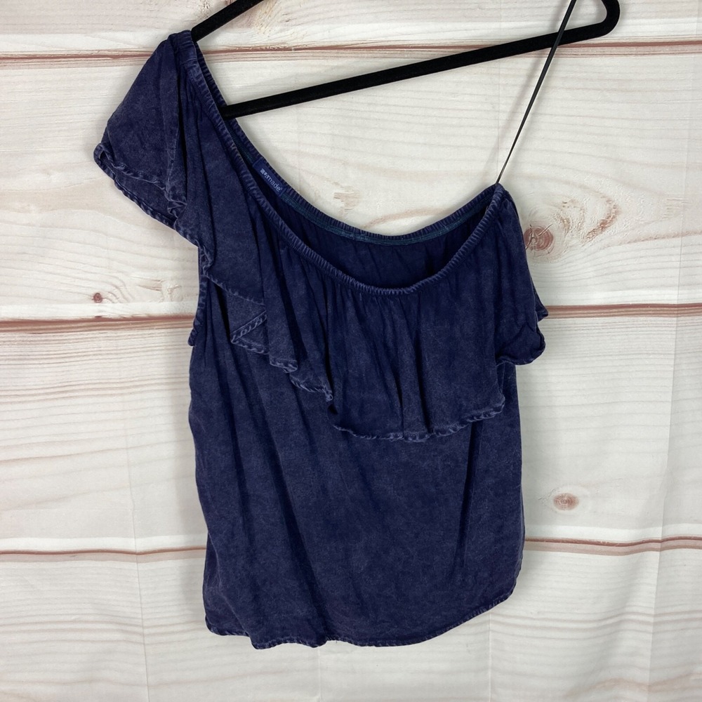 Lamade Top Womens M Blue One Shoulder Blouse Acid Wash Ruffle Knit Pullover